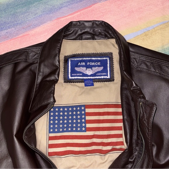 Air Force Airborne Leathers Brown Leather Bomber Jacket with US Flag Size L T - Picture 1 of 10